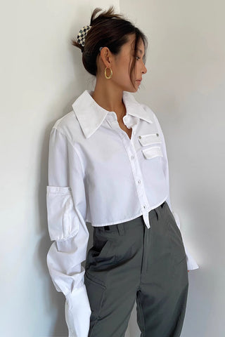 Single Button Lapel Neck Crop Shirt Tops