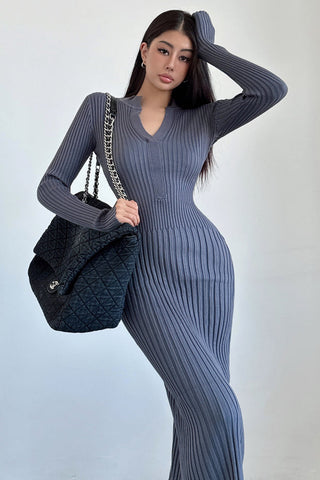 V-Neck Long Sleeve Knit Sweater Dress