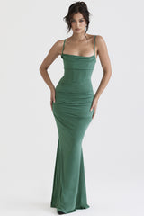 Vintage Square Neck Ruched Corset Fishtail Evening Maxi Dress - Green
