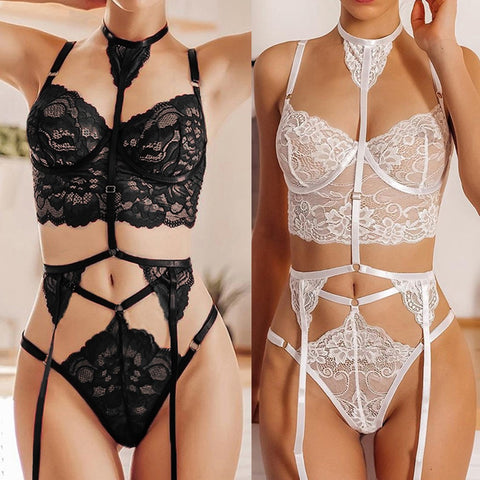 Dessous-Set mit Riemchen und floralem Muster aus transparenter Spitze