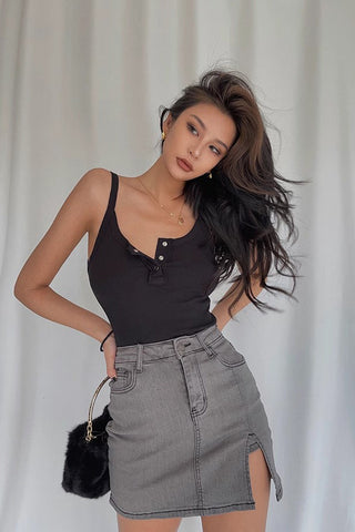 High Waist Split Hem Denim Skirt