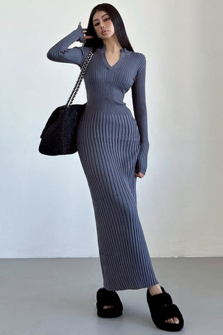 V-Neck Long Sleeve Knit Sweater Dress