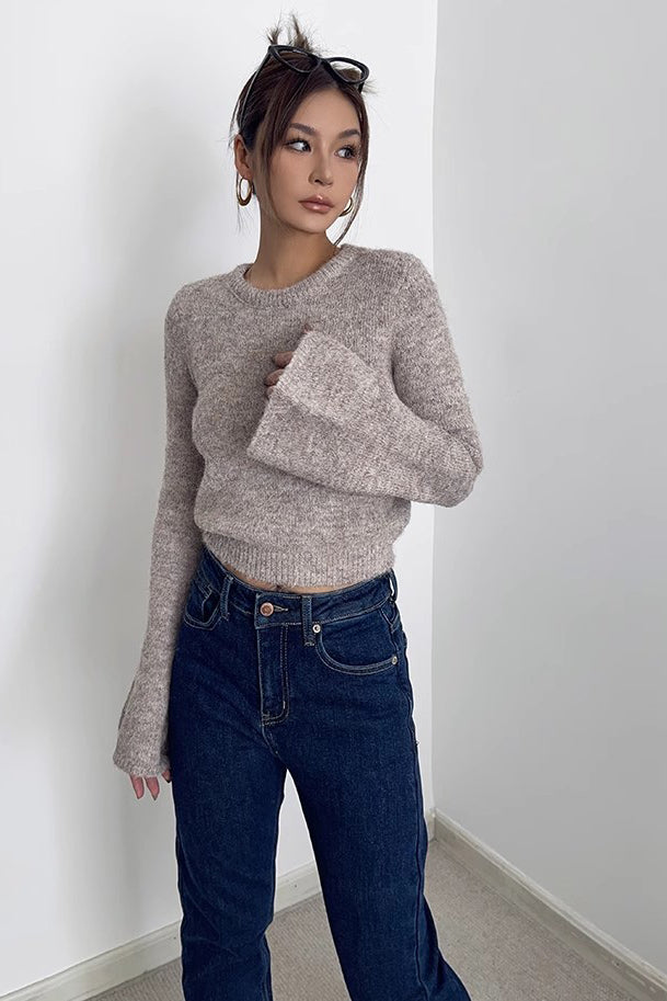 Rib-knit Long Sleeve Solid Sweater