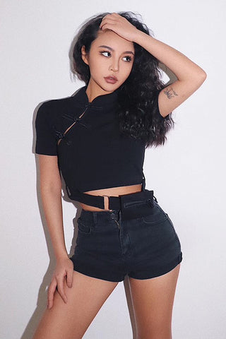 Nature High Waist Slant Pocket Denim Shorts