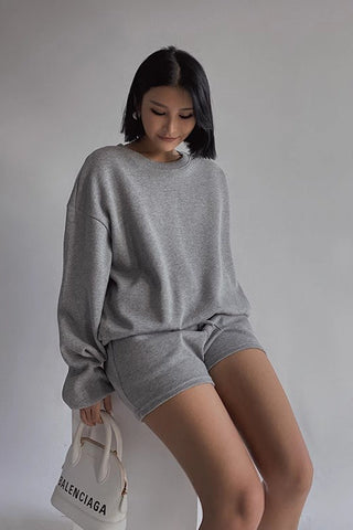 Solid Long Sleeve Sweater Sweatshirt and Drawstring Waist Short Two Piece Set