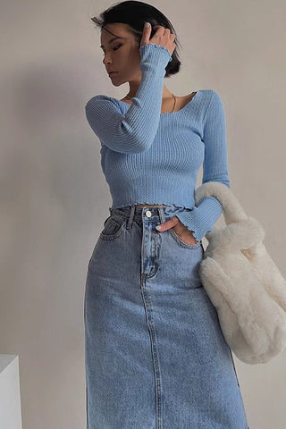 Rib-knit Ruffle Trim Cut Out Sweater