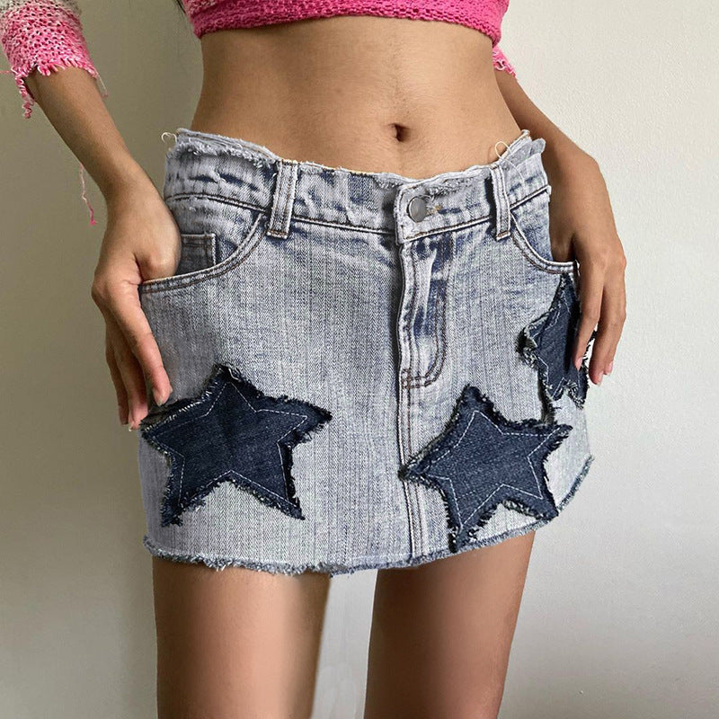 Star Patch Washed Denim Skirt