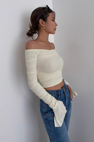 Off Shoulder Pleated Crop Tops Shirt