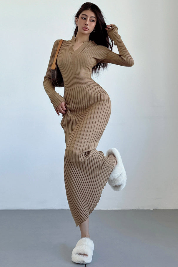 V-Neck Long Sleeve Knit Sweater Dress