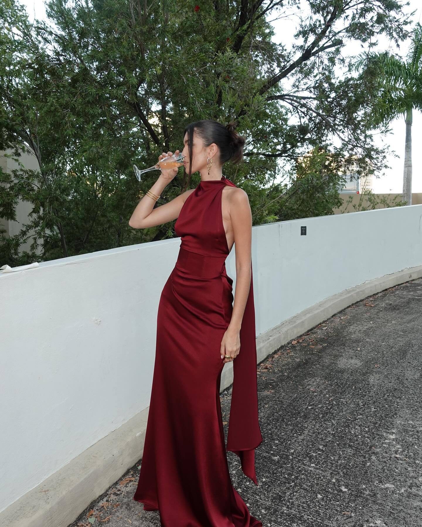 Halter neck satin elegant party dress