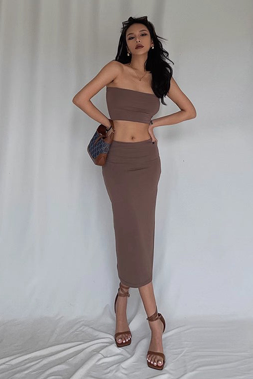 Outfit Crop Bandeau Tube Top and Bodycon Skirt Two Piece Set