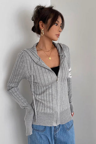 Open Front Sweatshirt Rib-Knit Hooded