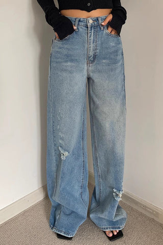 Ripped Wide Leg Slant Pocket Jeans