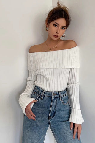 Off Shoulder Rib-Knit Sweater