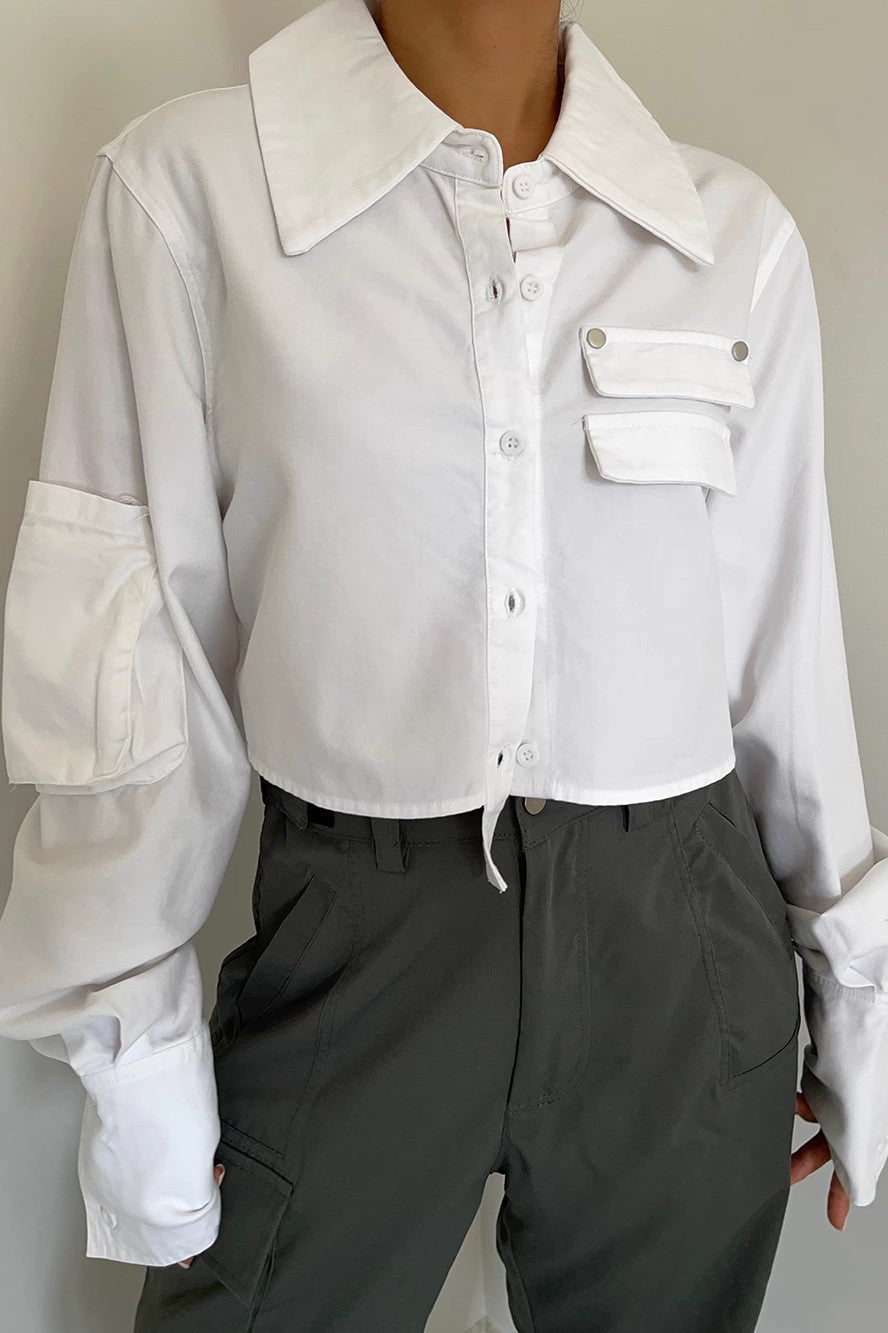 Single Button Lapel Neck Crop Shirt Tops