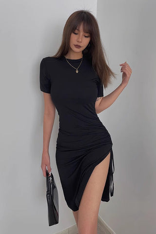 Solid Short Sleeve Drawstring Side Split Dress