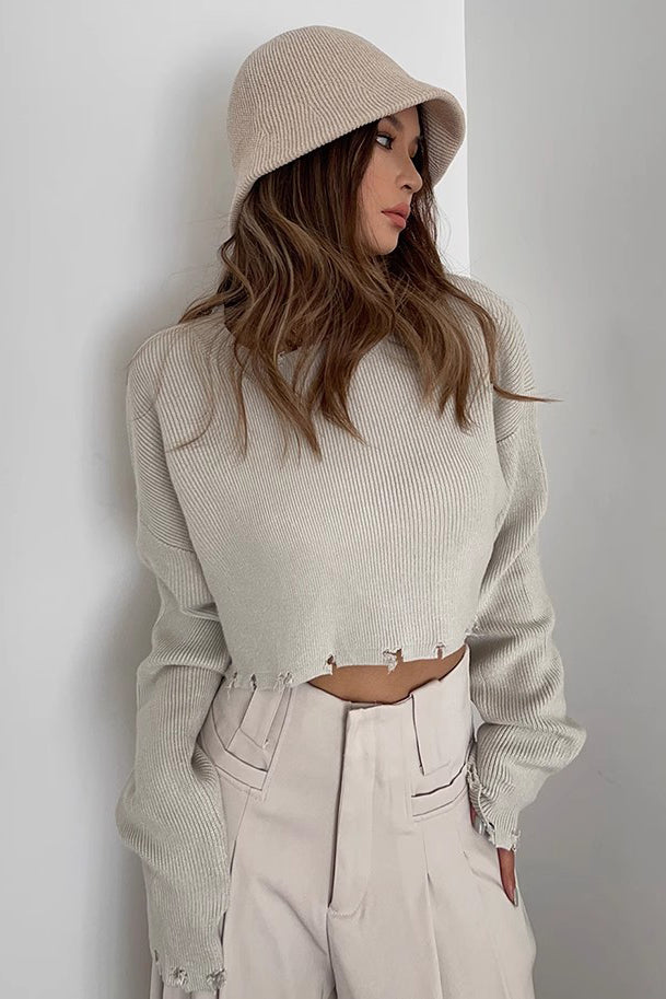 Ripped Rib-knit Raw Trim Sweater Tops