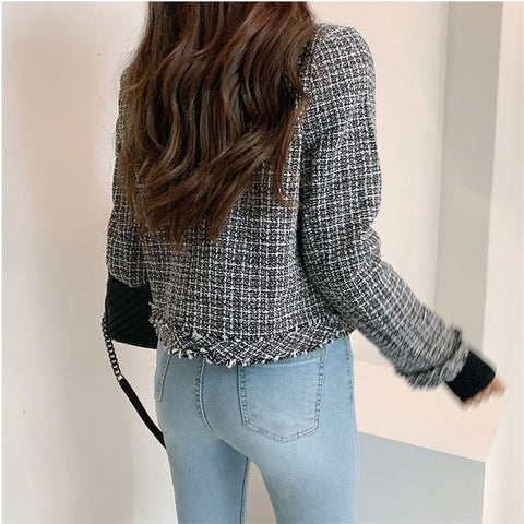 Frayed Slim-Fit Open Front Plaid Jacket