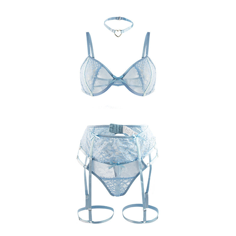 Sky Blue Daring See-Through Lace Mesh Chemise Lingerie Set