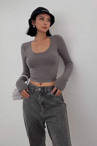 Round Neck Ribbed Fitted Basic Tops