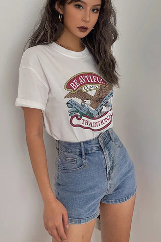 Letter Print Cew Neck Tops T-Shirt