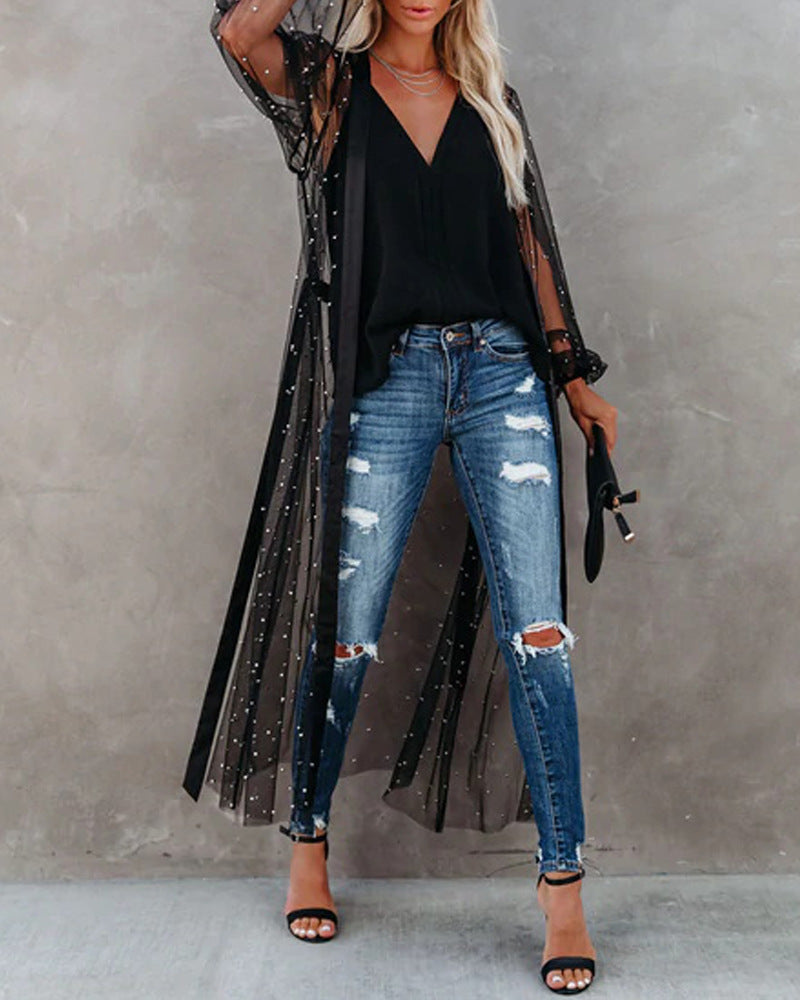 Black Starry Sheer Sequin Duster Kimono