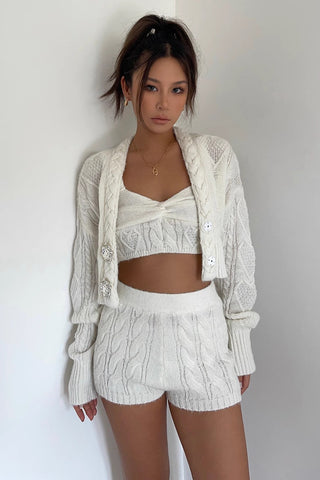 Cable Knit Buckle Detail Jacket & Crisscross Vest & Elastic Waist Shorts 3 Piece Sets