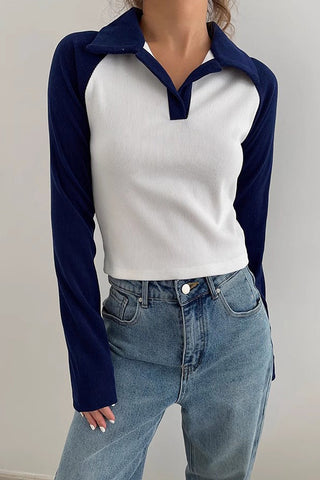 Contrast Lapel Neck Sweatshirt Tops Shirt