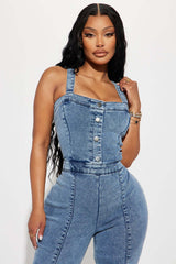 Vitamin Sea Pocketed Denim Cutout Jumpsuit - Denim