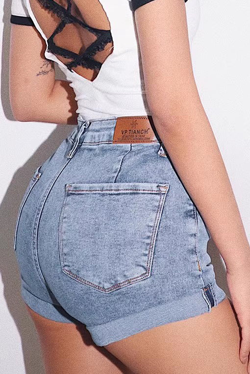 Nature High Waist Slant Pocket Denim Shorts