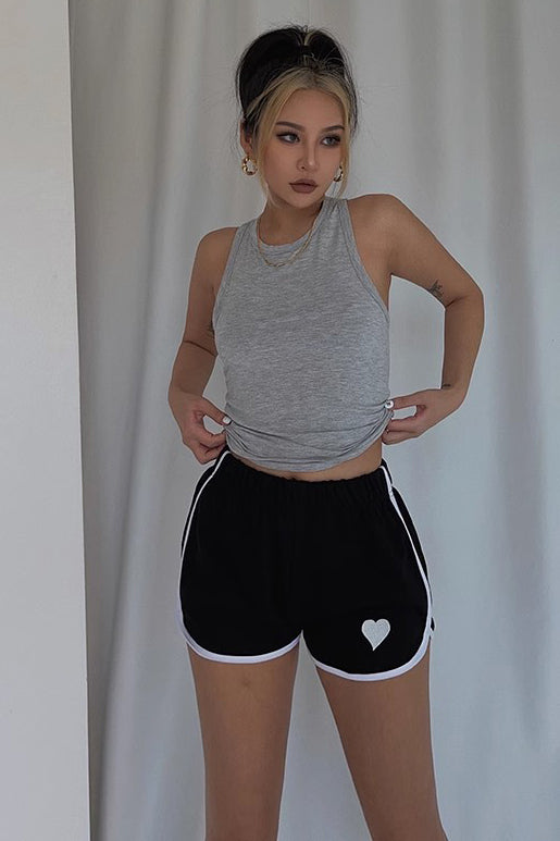 Rib-Knit Solid Heart Print Sport Shorts