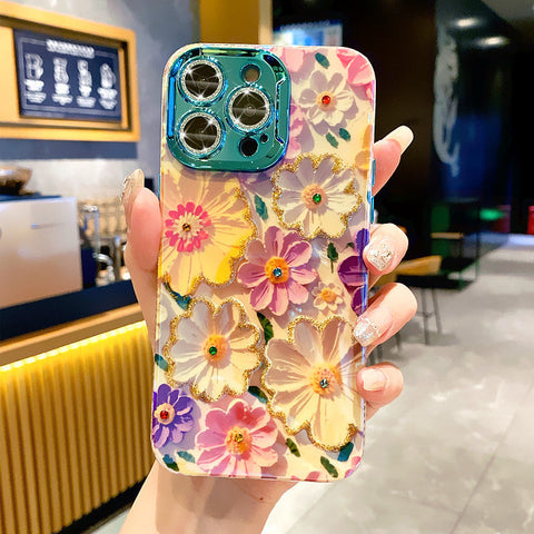 Ein farbenfrohes Ölgemälde, exquisite Handy-iPhone-Schutzhülle, 3D-Retro-Ölgemälde, Blumen-Telefonhülle, Linsenschutzfolie, stoßfeste Schutzhülle für iPhone 11 12 13 14 15