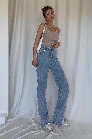 Nature High Waist Buckle Detail Straight Leg Jeans