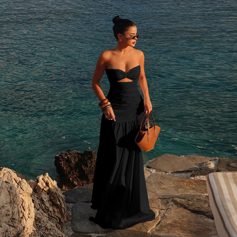 Beach style holiday tube top hollow dress