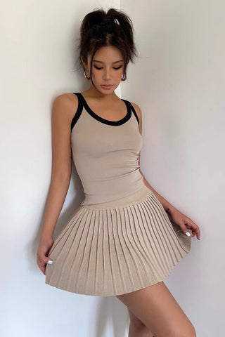 Solid Ribbed Pleated Flared Hem Skirt