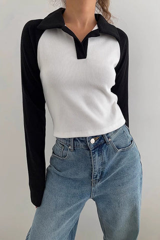 Contrast Lapel Neck Sweatshirt Tops Shirt