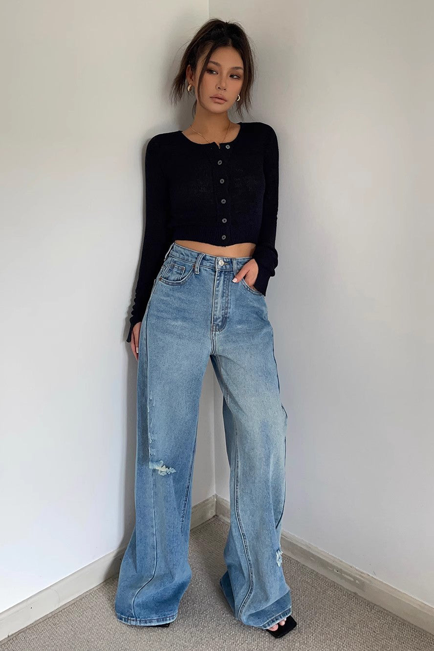 Ripped Wide Leg Slant Pocket Jeans