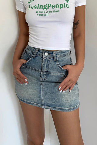 Retro Solid Belted Denim Skirt