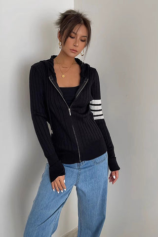 Open Front Sweatshirt Rib-Knit Hooded