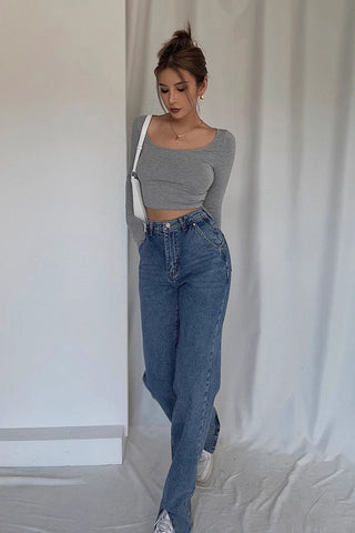 Nature High Waist Buckle Detail Straight Leg Jeans