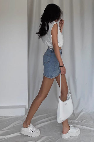 High Waist Split Hem Denim Skirt