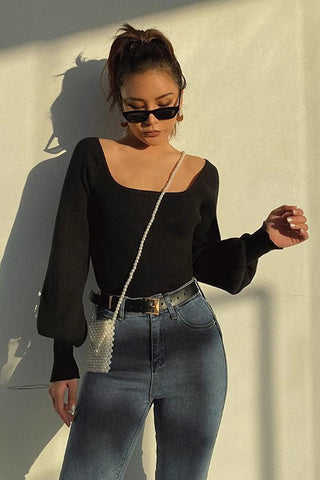 Solid Scoop Neck Ribbed Crop Sweater Tops