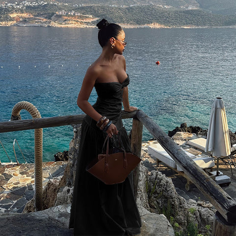 Beach style holiday tube top hollow dress