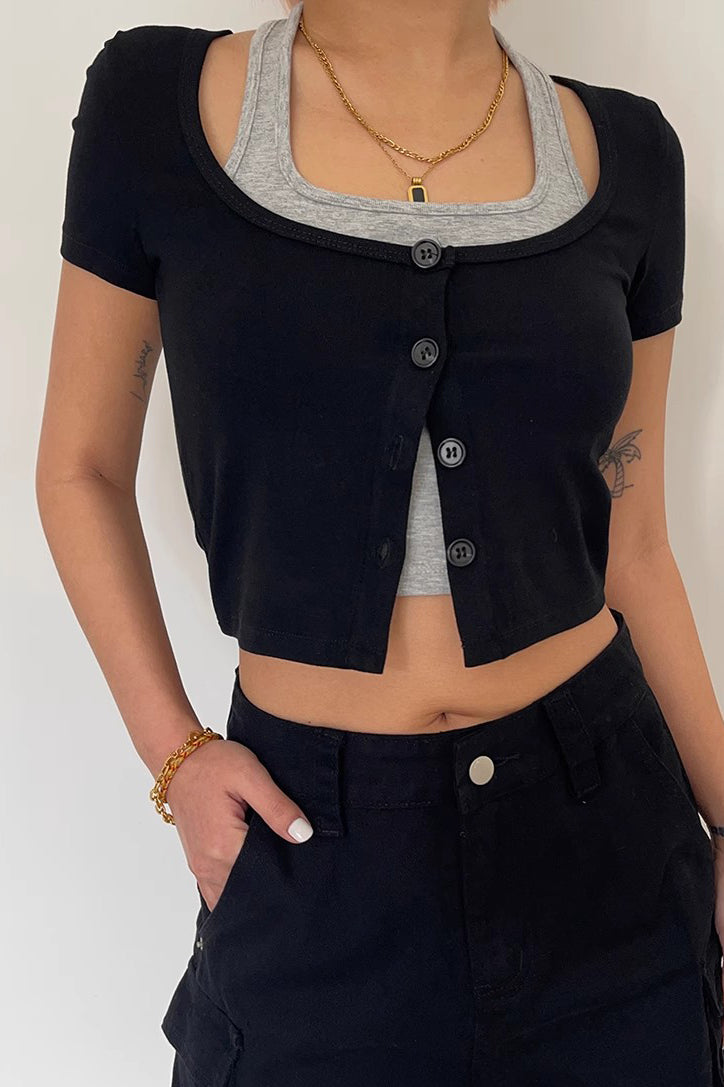 Contrast Buttoned Front Two Tops Shirt