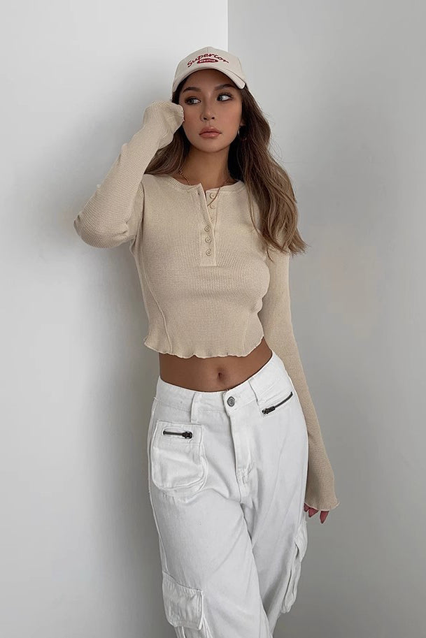 Ribbed Long Sleeve Crop Tops Shirt