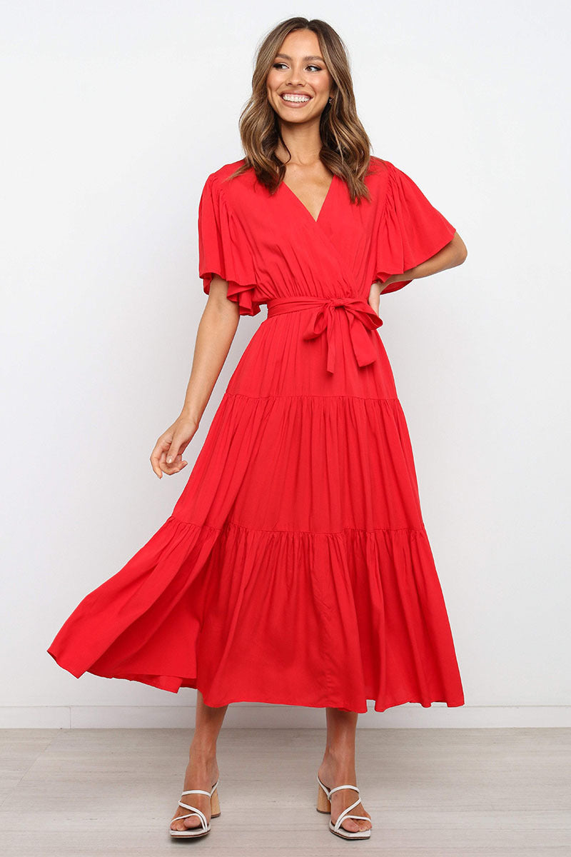 Solid Split Joint With Belt V Neck Cake Skirt Dresses