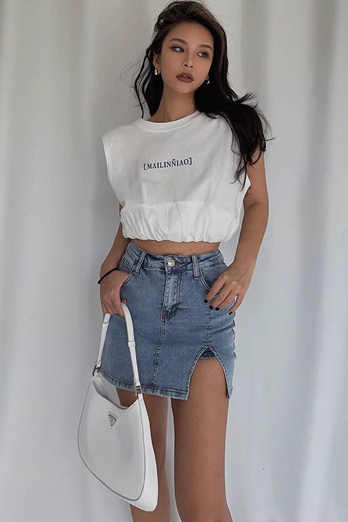 High Waist Split Hem Denim Skirt