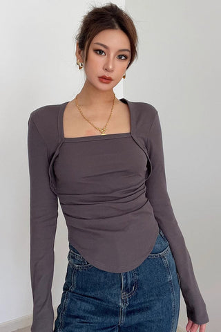 Long Sleeve Scoop Neck Tops Fitted Cut Out T-Shirt