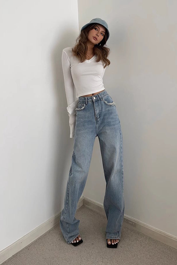 Nature High Waist Raw Trim Pocket Jeans