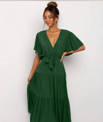 Solid Split Joint With Belt V Neck Cake Skirt Dresses